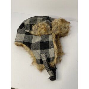 Wild Wear Unisex Black & Gray Checkered Faux Fur Winter Hat New NWT